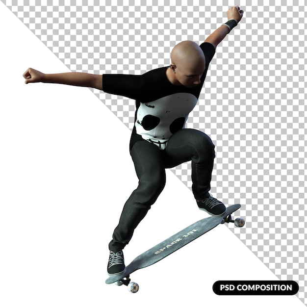 Mężczyzna na deskorolce na białym tle renderowania 3d