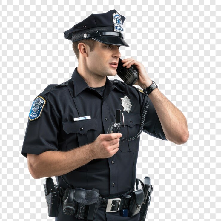 PSD mężczyzna policjant rozmawia z walkietalkie na tle przejrzystości psd