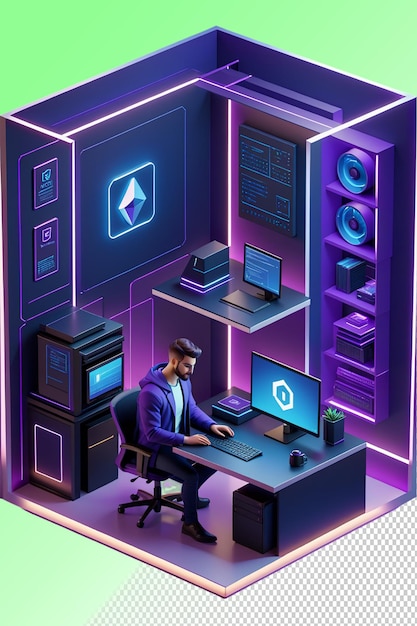 PSD mężczyzna pracuje nad komputerem w pokoju z fioletową ścianą z monitorem komputerowym