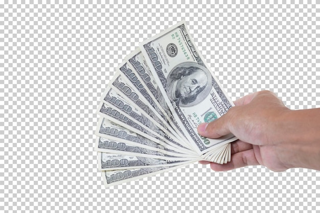 PSD mężczyzna ręka trzyma banknot 100 dolarów na białym tle koncepcja biznesowa i finansowa