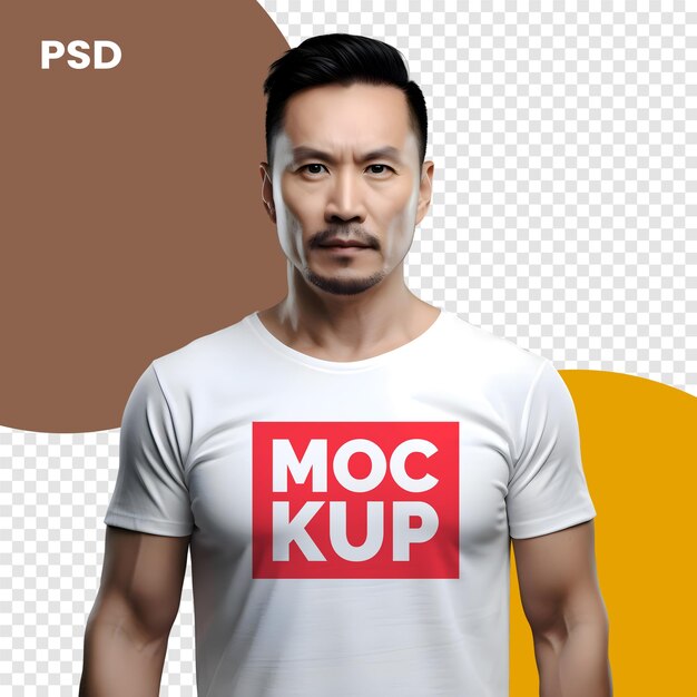 PSD mężczyzna w białej koszulce z czerwonym tekstem na klatce piersiowej psd mockup