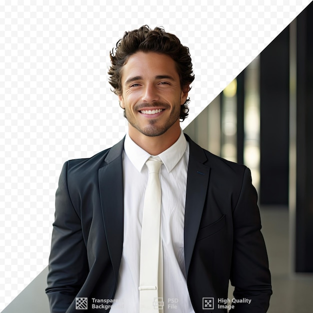 PSD mężczyzna w białej koszuli i krawacie uśmiecha się i pozuje do zdjęcia.