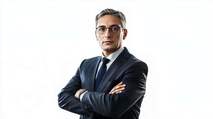 PSD mężczyzna w formalnym garniturze z skrzyżowanymi ramionami na klatce piersiowej pewny siebie na izolowanym tle generatywna sztuczna inteligencja