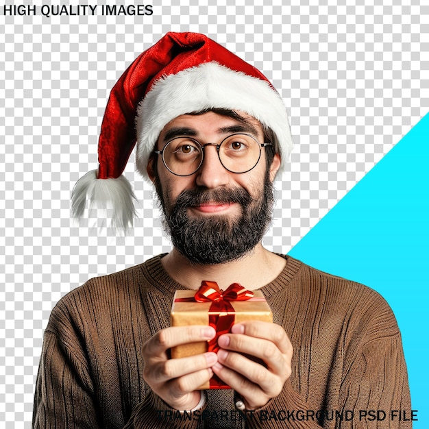 Mężczyzna w kapeluszu Świętego Mikołaja trzyma owinięty prezent
