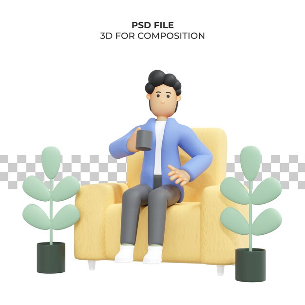 Mężczyzna Z Kręconymi Włosami Siedzi Na Krześle Pije Kawę Freelancer Premium 3d Illustration Psd