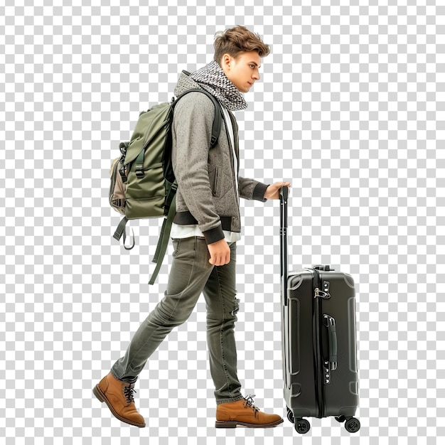 PSD mężczyzna z plecakiem chodzi z walizką.