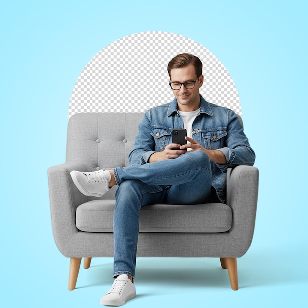 Mężczyzna zrelaksowany za pomocą smartfona na fotelu