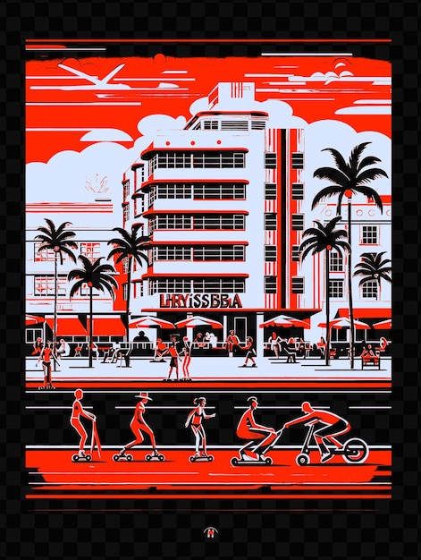 Miami beach with art deco street scene and pastel colored bu psd vector tshirt tattoo ink scape art