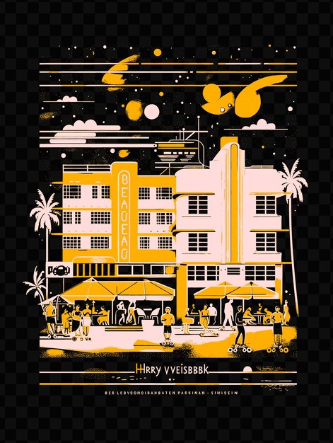 PSD miami beach with art deco street scene and pastel colored bu psd vector tshirt tattoo ink scape art