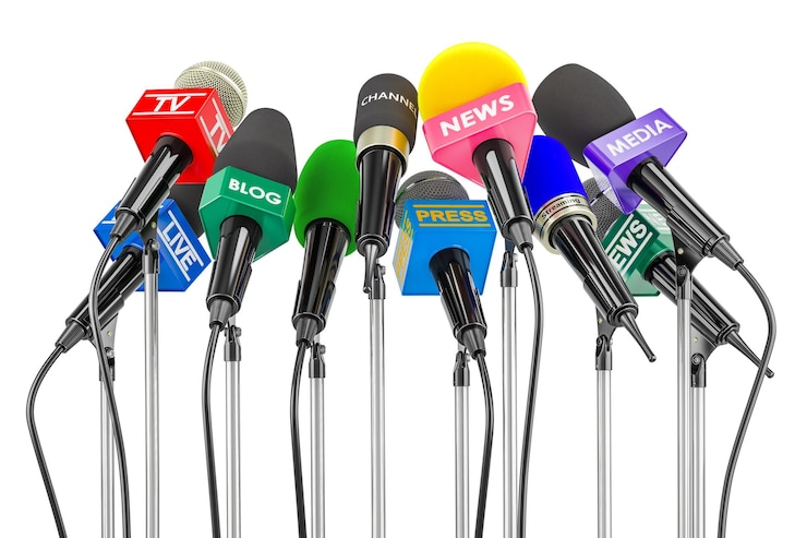 Microphones of different mass media Press conference or interview concept 3D rendering isolated on transparent background
