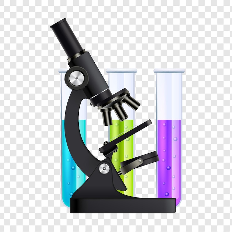 PSD microscope and test tubes a laboratory science isolated on transparent background