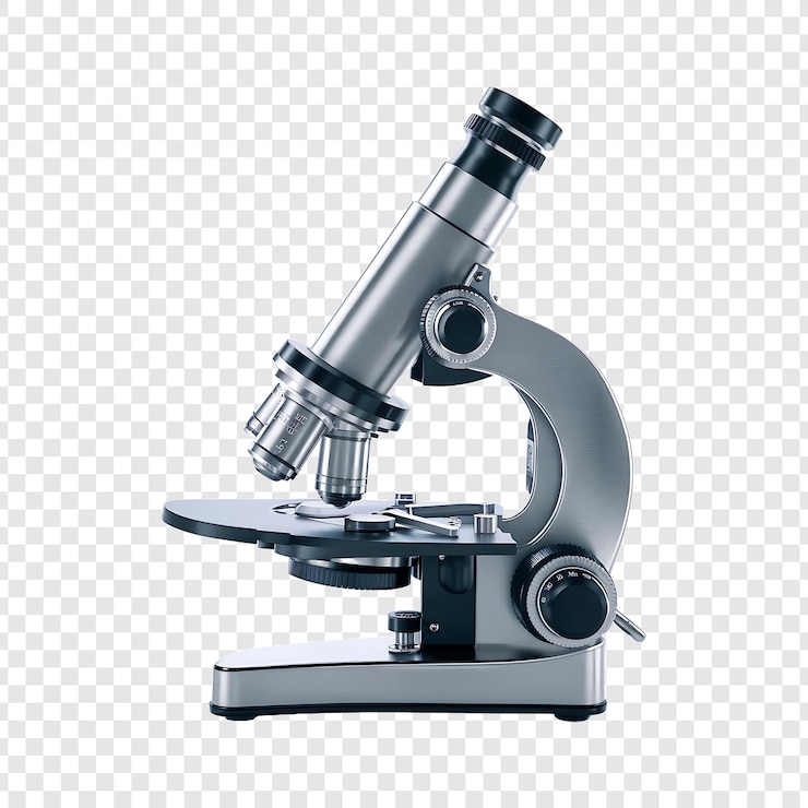 PSD a microscope with a black plastic handle and a silver bottom on transparent background