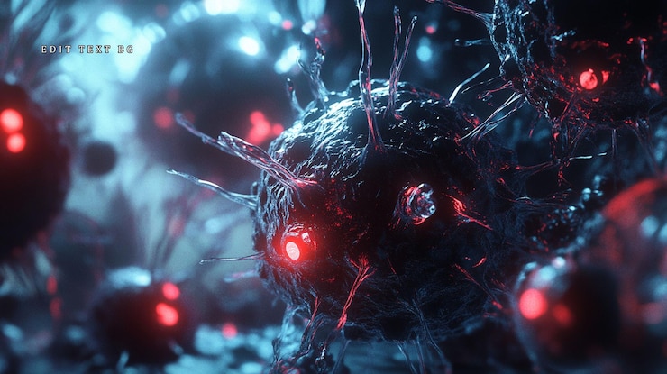 PSD microscopic dark organisms with glowing red centers intricate structures and a dark blue background