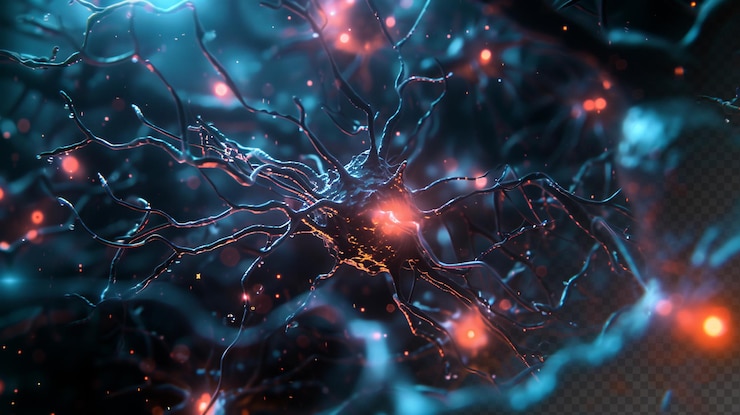 PSD microscopic neuron fractals with blue light particles medical microbiology black background