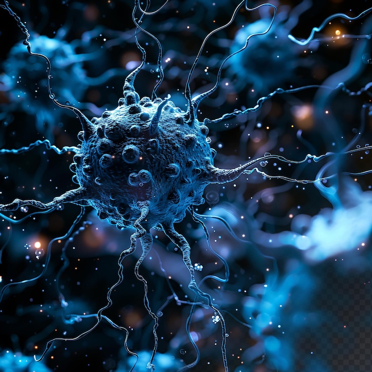 PSD microscopic neuron fractals with blue light particles medical microbiology black background