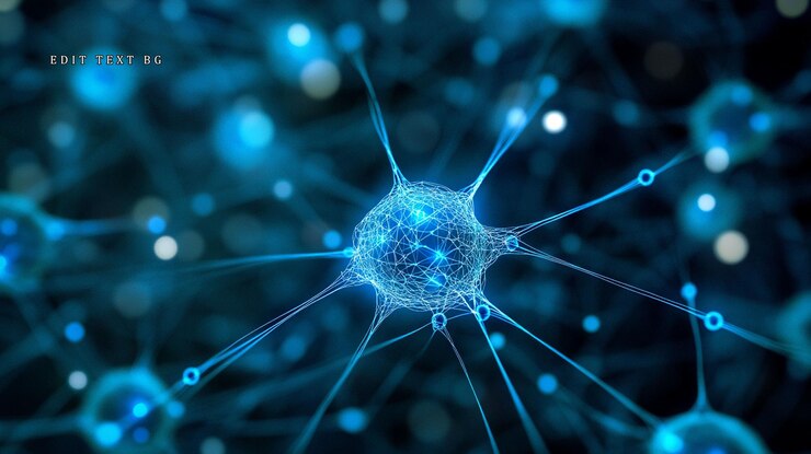 PSD microscopic view of glowing blue neuron cell network