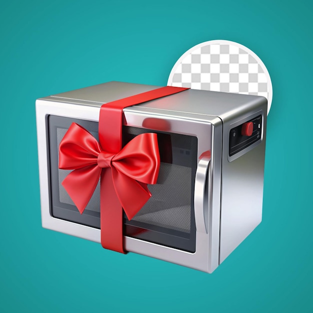 PSD microwave oven gift with red ribbon and bow on a white background 3d rendering