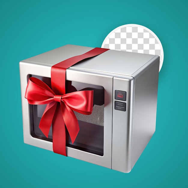 PSD microwave oven gift with red ribbon and bow on a white background 3d rendering