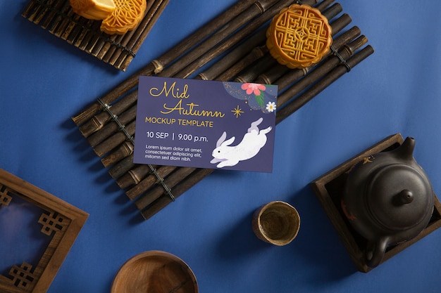 PSD mid-autumn festival celebration card mock-up with moon cake dessert