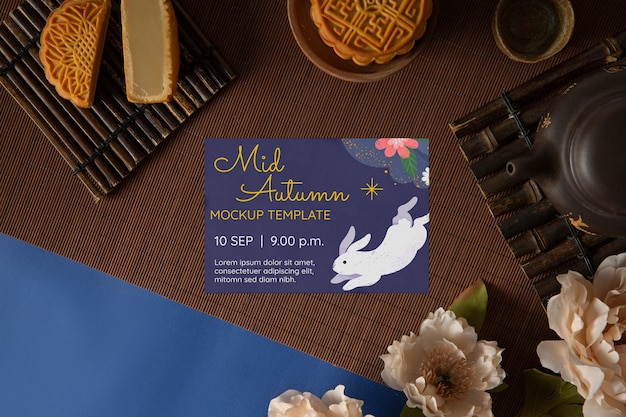 PSD mid-autumn festival celebration card mock-up with moon cake dessert