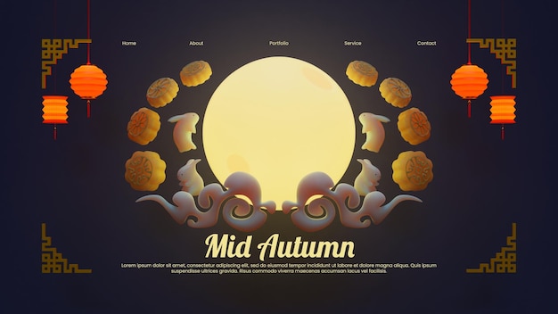 Mid autumn web page template with 3d rendering illustration