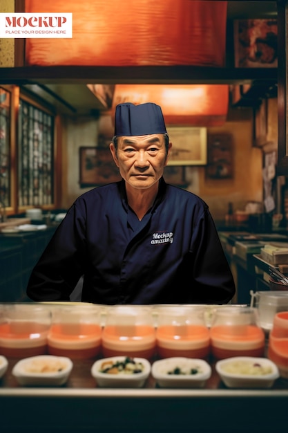 PSD middelgrote schot man in japans chef uniform.