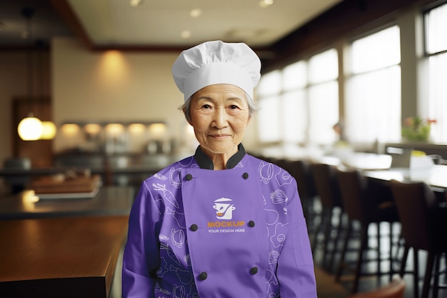 PSD middelgrote vrouw in japans chef-kokuniform.