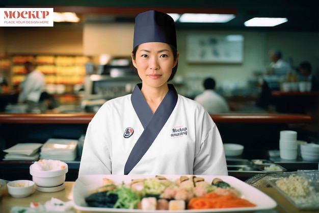 Middelgrote vrouw in japans chef-kokuniform.