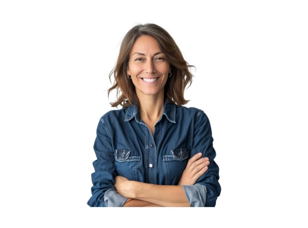 Middle age beautiful woman wearing casual denim shirt standing