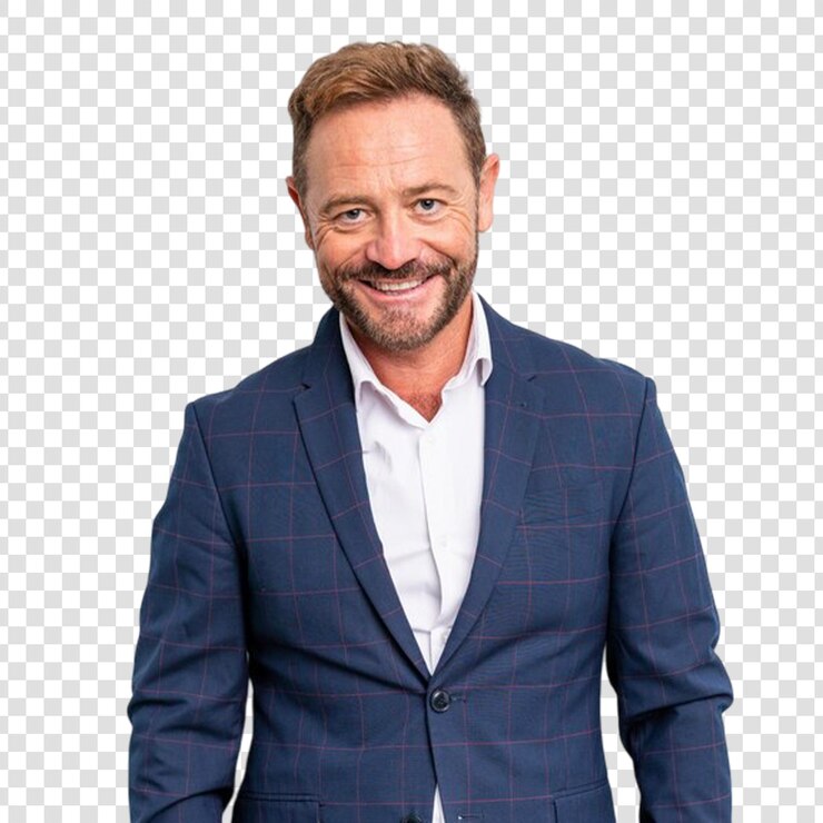 PSD middle age handsome man smiling happily with a hand on hip and confident on transparent background