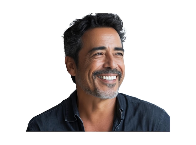 Middle age hispanic man looking away to side with smile on face