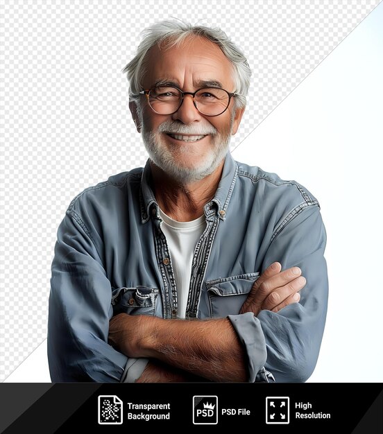 PSD middle age hoary senior man wearing glasses over isolated happy face smiling with crossed arms