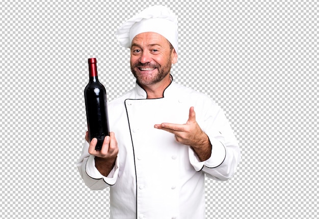 PSD concetto di chef uomo di mezza età e un concetto di allenatore sportivo bottiglia di vino con un pallone da calcio