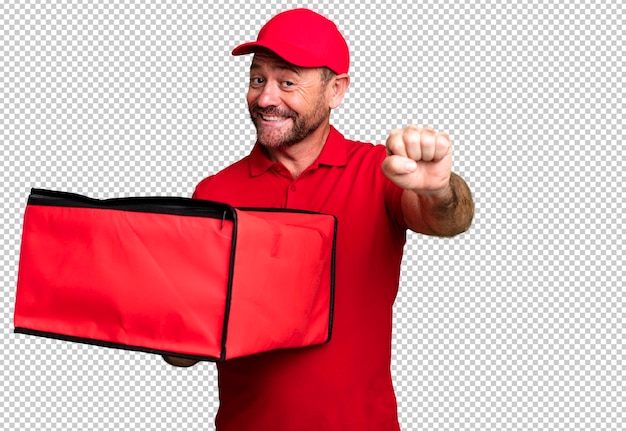 PSD middle age man take away fast food delivery man sport coach concept with a soccer ball