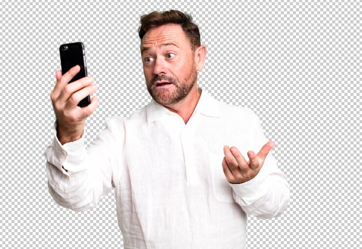 PSD middle age man using his smartphone sport coach concept with a soccer ball