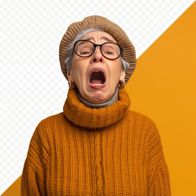 PSD Зрелая женщина средних лет в зимнем свитере и берете на изолированном изолированном фоне кричит и задыхается из-за болезненного удушения. проблема со здоровьем. концепция удушья и самоубийства.