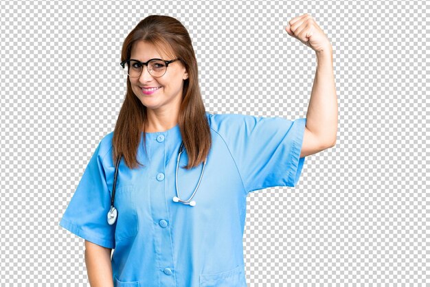 Middle age nurse woman over isolated background doing strong gesture