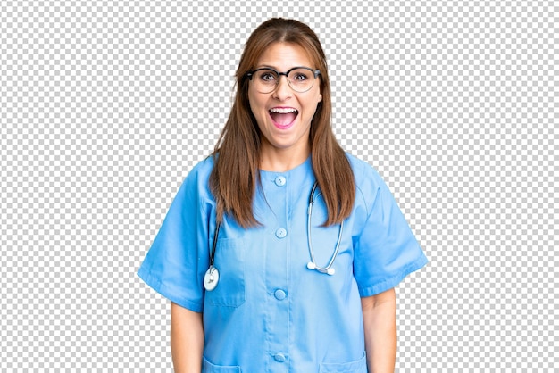 PSD middle age nurse woman over isolated background with surprise facial expression