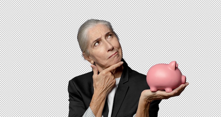 PSD middle age pretty woman with a piggy bank