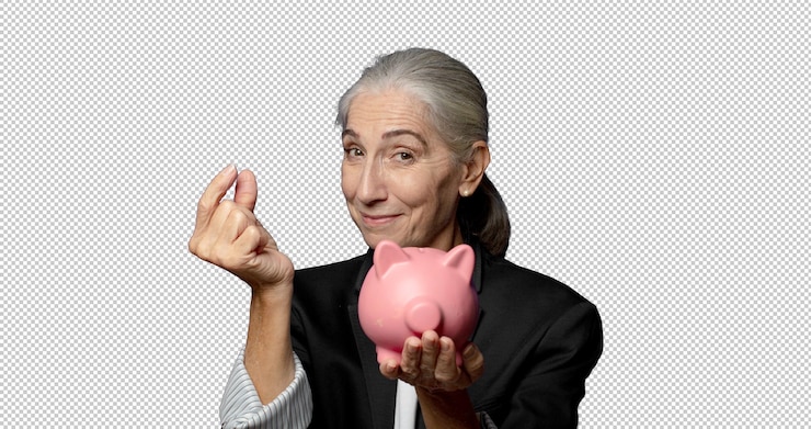 PSD middle age pretty woman with a piggy bank