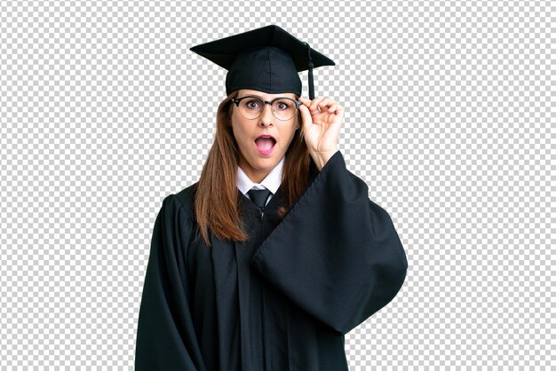 PSD middle age university graduate woman over isolated background with glasses and surprised