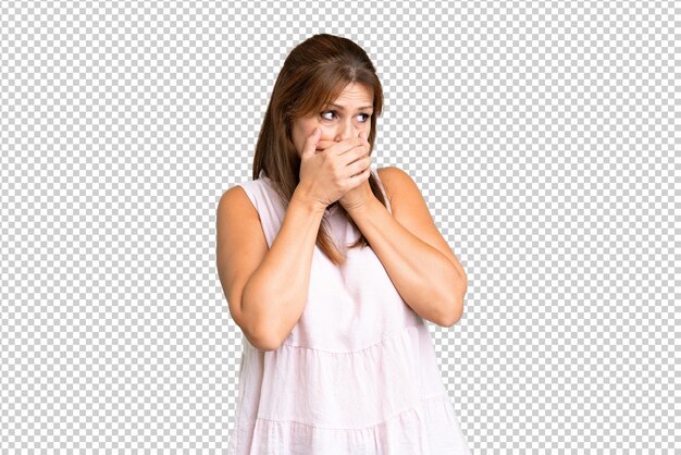 PSD middle age woman over isolated background covering mouth and looking to the side