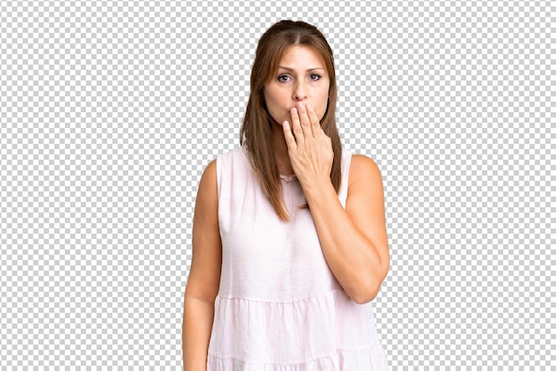 PSD middle age woman over isolated background covering mouth with hand