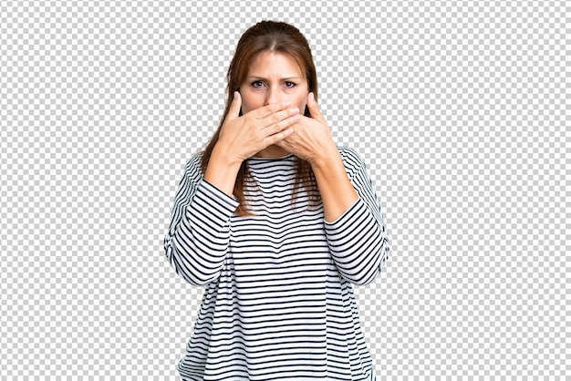 Middle age woman over isolated background covering mouth with hands