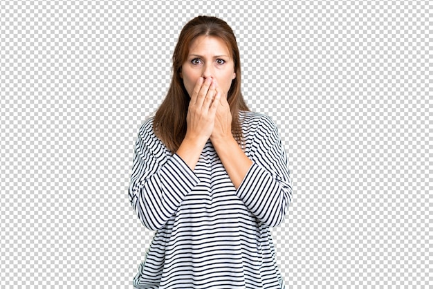 PSD middle age woman over isolated background covering mouth with hands