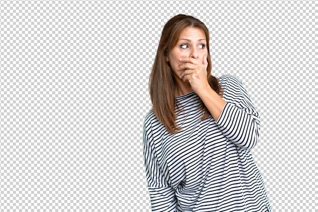 PSD middle age woman over isolated background doing surprise gesture while looking to the side