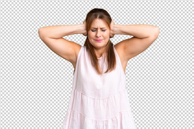 PSD middle age woman over isolated background frustrated and covering ears