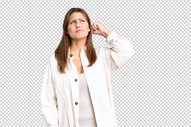 PSD middle age woman over isolated background having doubts and with confuse face expression