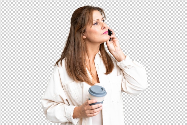 PSD middle age woman over isolated background holding coffee to take away and a mobile