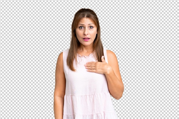 PSD middle age woman over isolated background pointing to oneself